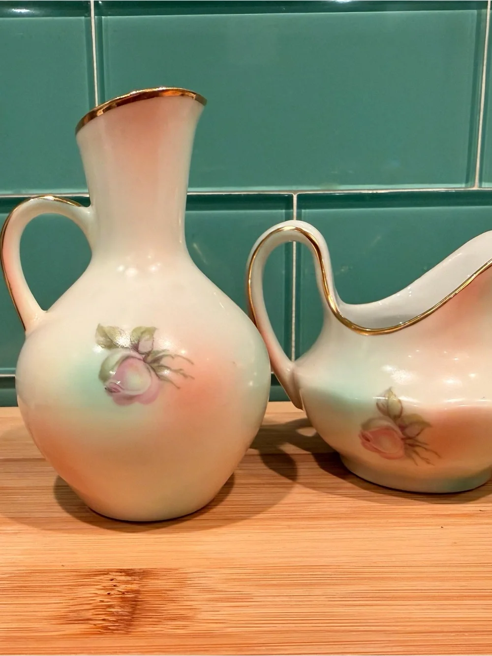 Vintage Bavaria Floral Porcelain Creamer and Pitcher Set in White with Gold Trim